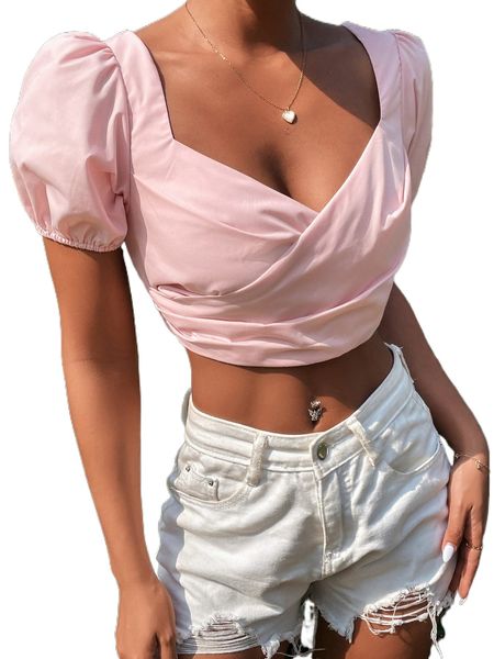 

sweetheart neck puff sleeve shirred crop wrap blouse c6fe#, White