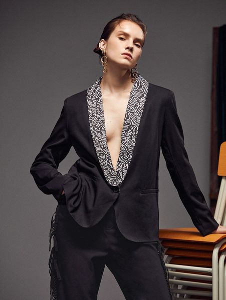 

x revive graphic print shawl collar single button blazer c4rl#, White