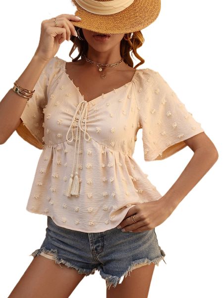 

swiss dot drawstring front peplum blouse g15w#, White