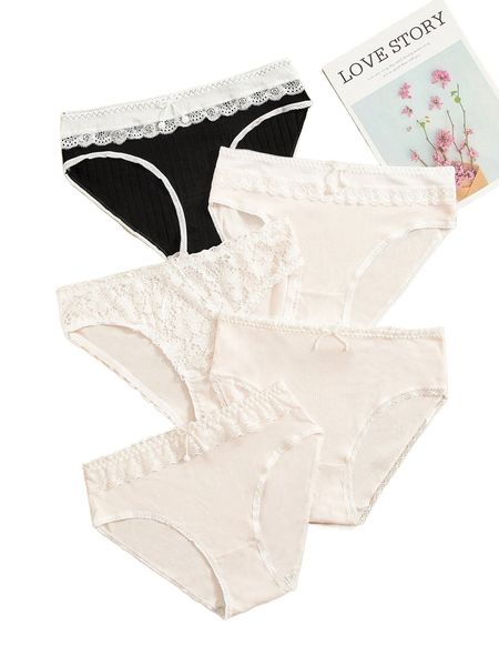 

plus 5pack contrast lace panty x3xg#, Black;white