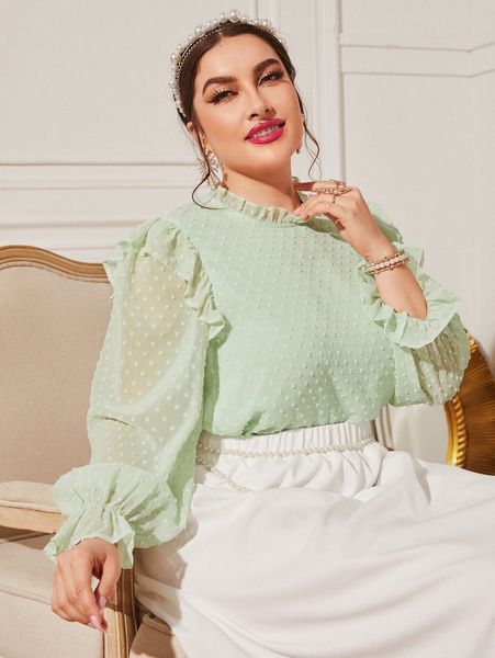 

plus swiss dot flounce sleeve ruffle trim blouse i8zd#, Black