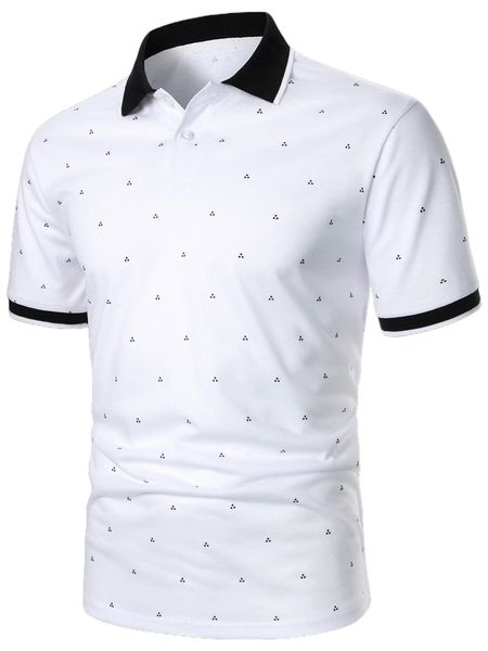 

men allover print contrast trim polo shirt p1lp#, White;black