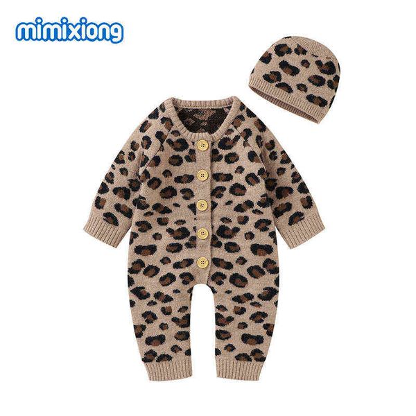 Baby Rompers шляпы одежды наборы одежды мода леопард вязаные новорожденные мальчики девушки комбинезоны наряд осень зима малыш младенческий трикотаж AA220323