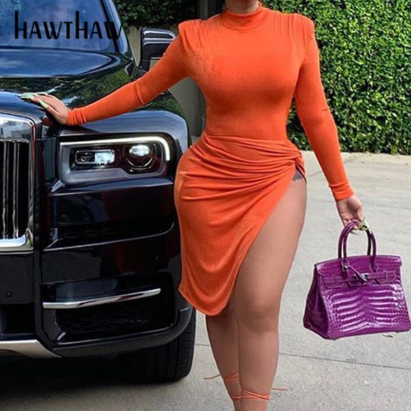 

hawthaw women autumn winter long sleeve soild color party club bodycon open fork split dress 2022 fall clothes streetwear, Black;gray