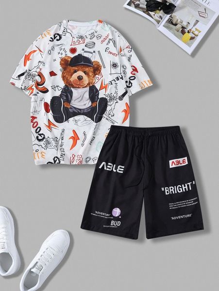 

men random bear & letter graphic tee & slogan graphic shorts r0sa#, Gray