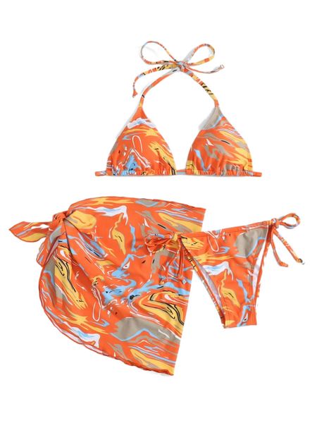 

3pack fluid pattern halter bikini swimsuit & beach skirt w88l#, White;black