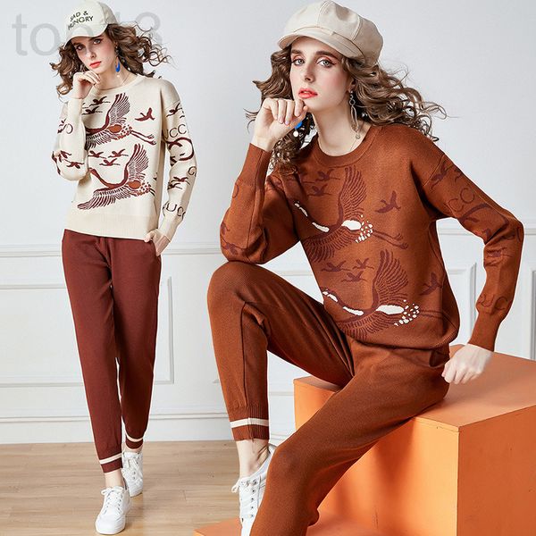 

women's tracksuits designer fashion leisure long sleeve crane figure knitted sweater pants two piece set u9t7, Gray
