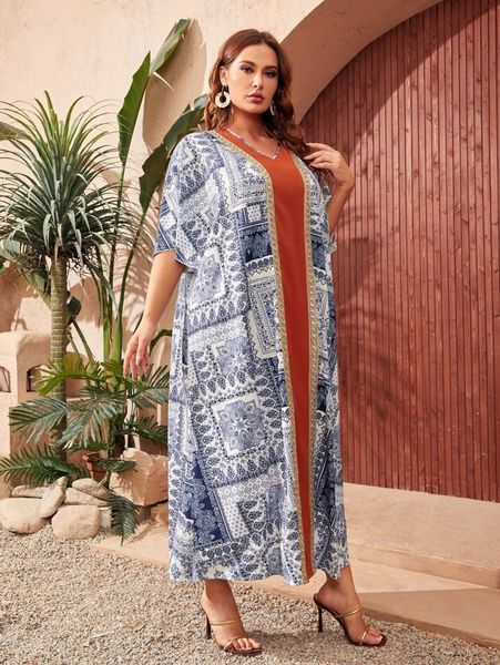 

plus scarf print batwing sleeve dress k0oc#, Black