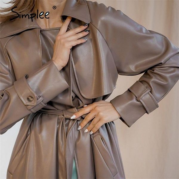 Streetwear PU trench in pelle da donna Marrone autunno inverno fusciacche cappotto lungo Tasca da donna con intaglio outwear LJ201127