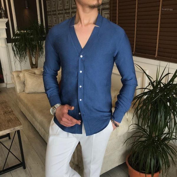 Camicie eleganti da uomo 2022 Moda stile italiano Slim Fit Colletto verticale Camicia da uomo in Lycra Navy Solido Maschile Casual Business Bianco