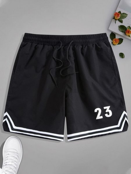 

men letter graphic contrast striped trim drawstring waist shorts a2fb#, White;black
