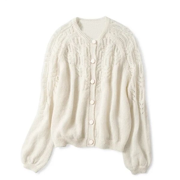

spring women hollow out knitted cardigan o neck solid color single breasted knitted sweater knitwear 201224, White;black