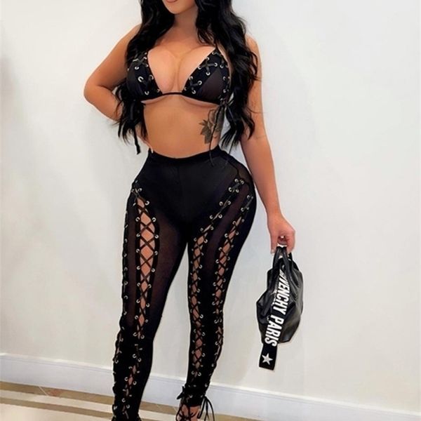 

kliou bandage mesh patchwork two piece sets women vneck lace up bra see through sheath seductive pants clubwear suits 220512, White