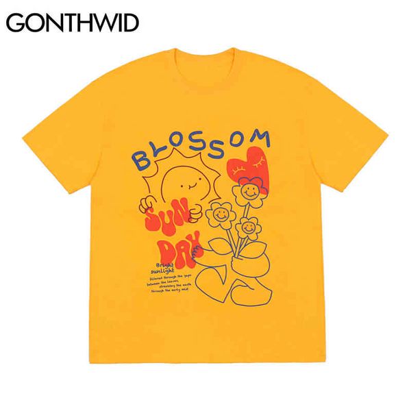 

gonthwid tees shirts harajuku graffiti cartoon flowers short sleeve tshirts hip hop casual streetwear t-shirts cotton loose, White;black
