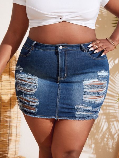 

plus ripped raw hem denim skirt n98d#, Black