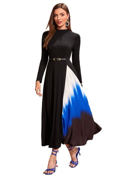 

colorblock stand collar belted dress i2sy#, Black;gray