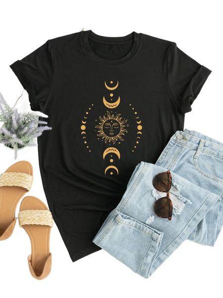 

plus moon & sun print tee l0wo#, Black