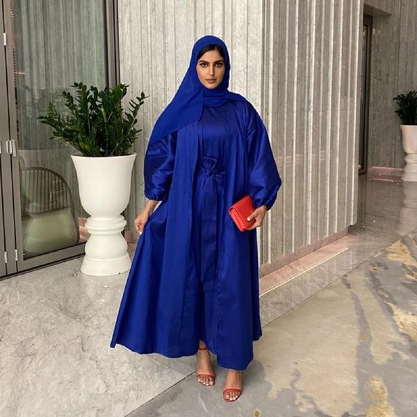 Abiti taglie forti Autunno Raso Blu Abito lungo da donna allentato 2022 Cintura moda di alta qualità Abito musulmano Tref Y2k XL