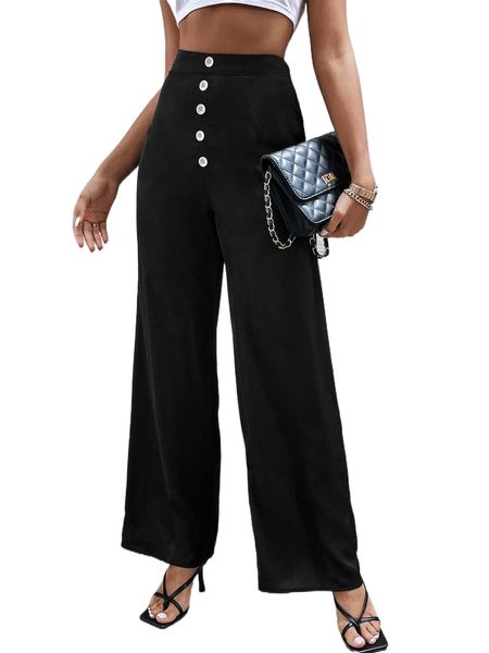 

fake button high waist wide leg pants s9ng#, Black;white
