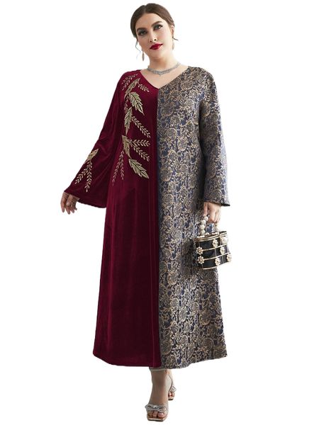 

plus plant embroidered scroll print velvet dress h0ch#, Black