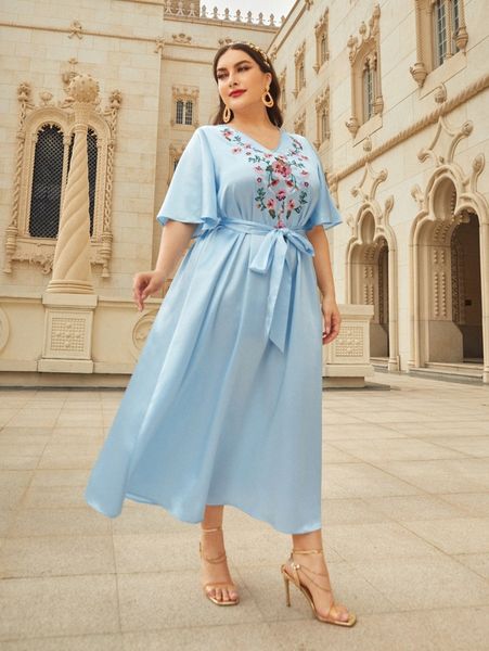 

plus floral embroidered flutter sleeve belted satin dress g668#, Black