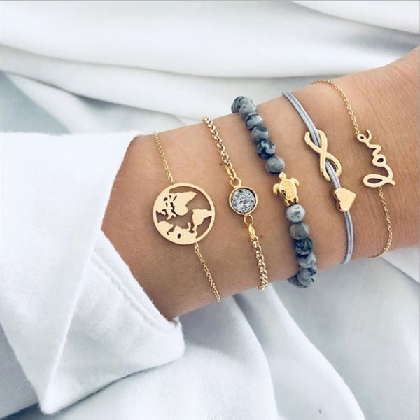 

handmade jewelry whole fashion bracelet weaving love letter love world map turtle beaded bracelet five-piece set269o, Black