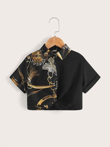 

toddler girls tassel & chain print twist front blouse she, White;black