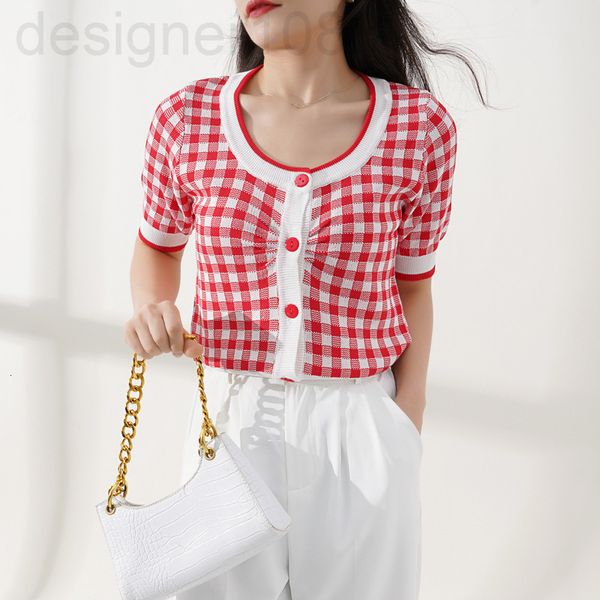 

women's knits & tees designer []new summer korean red plaid short sleeved sweater foreign style round neck cardigan blouse women 5sbw, White