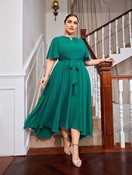 

plus butterfly sleeve keyhole neck high low hem belted dress x1ql#, Black