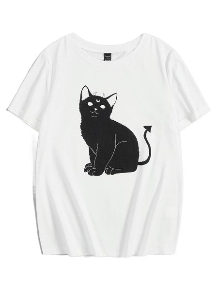 

x dvrkshines cat print round neck tee i5au#, White