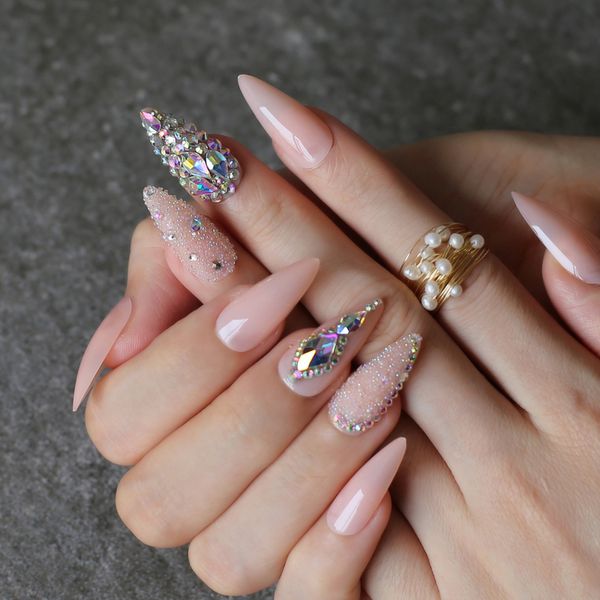 Ультрафиолетовые блестящие длинные шпильки обнаженные поддельные ногти Кристаллические ложные ногти матовые голые кожи салон Diy Art Nails Nail