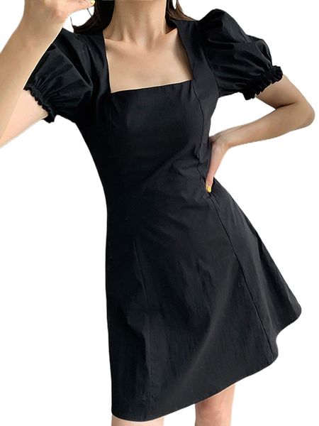 

dazy solid puff sleeve square neck dress q88g#, Black;gray