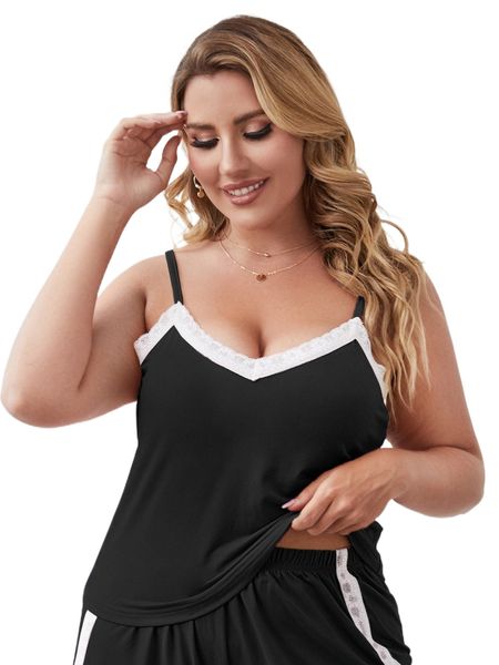 

plus contrast lace cami sleep b6je#, Black;white