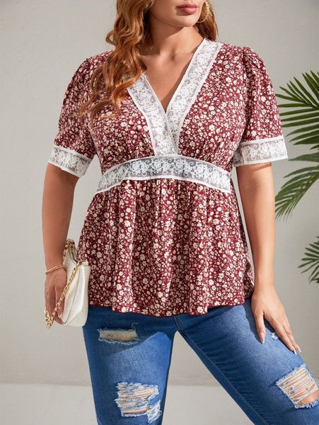 

plus ditsy floral print contrast lace wrap peplum blouse 36un#, Black