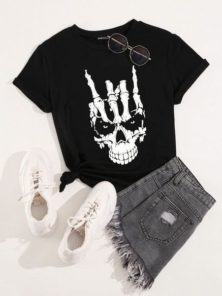 

skull print round neck tee 46tl#, White