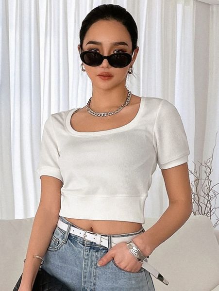 

dazy rib-knit scoop neck crop tee z9b5#, White