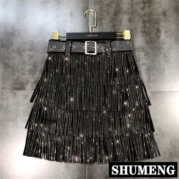 Faldas Mujer Primavera Perfuração Pesada S Saia Fringed com Cinto Mulheres High Cintura Multi Camada Curta Bolo Saias 220322