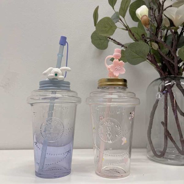 

starbucks gradient blue sky cherry blossom mid autumn festival rabbit glass straw cup coffee cup gift straw plug