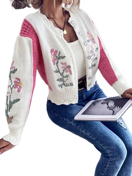 

colorblock floral pattern scallop trim cardigan v6qj#, White;black