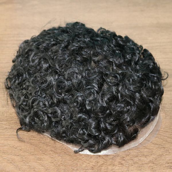 Toupe de 20 mm Curly para homens de reposição de cabelos humanos pretos peças de cabelo para homens em estoque cor marrom 7x9