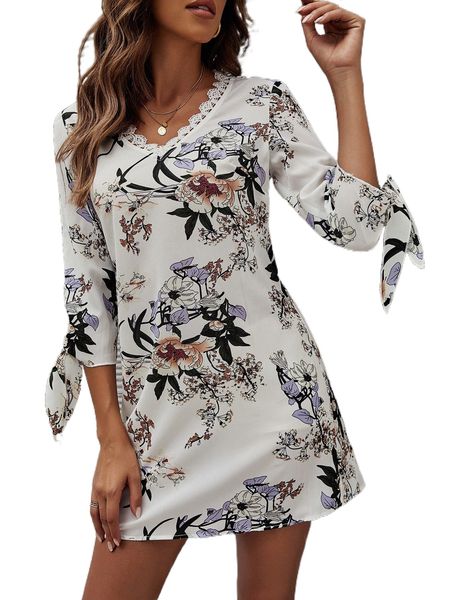 

floral print lace detail dress b1yt#, Black;gray