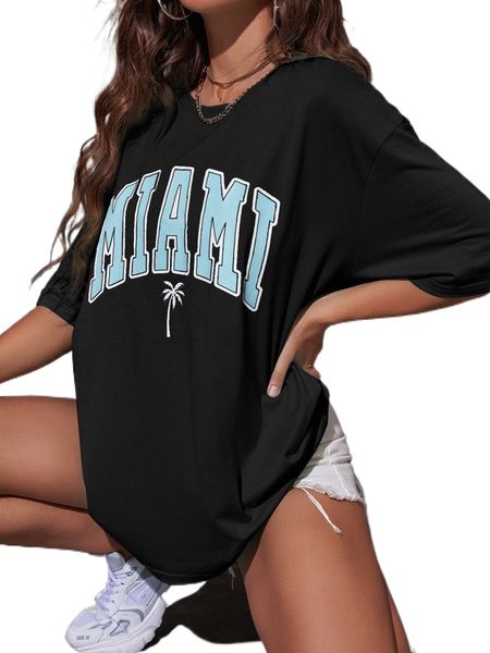 

tropical & letter graphic drop shoulder tee 821c#, White