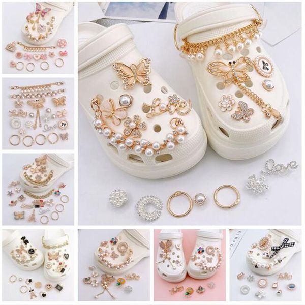 

wholesale sell hole graden shoe accessories metal croc charms removable chain shoes buckle pearl small fragrance shoe flower, White;pink