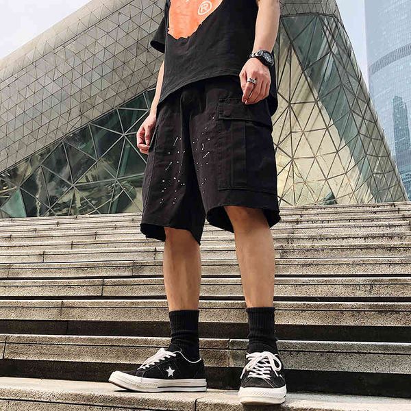 

summer fashion brand yu wenle same military wind washing water used large pocket ink splashing overalls shorts men's capris, White;black