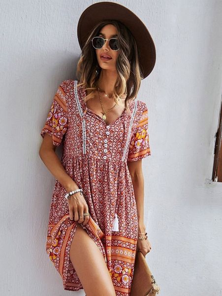 

tie neck floral print smock dress a4d2#, Black;gray