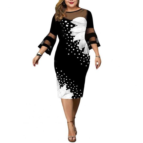 

women dress digital print mesh patchwork elegant flare sleeve mid calf bodycon for wedding party clothing 5xl 220521, Black;gray