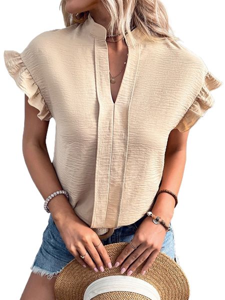 

ruffle trim batwing sleeve notched neck blouse r9e1#, White