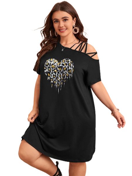 

plus heart print asymmetrical neck tee dress 93yo#, Black