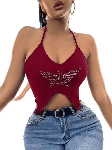 

rhinestone butterfly pattern tie backless asymmetrical hem halter b98t#, White