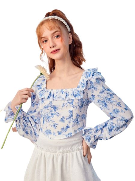 

teen girls floral print ruffle trim shirred back blouse f1ok#, Black;white
